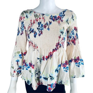 Jane & Delancey Floral Smocked 3/4 Sleeve Blouse Cream Blue